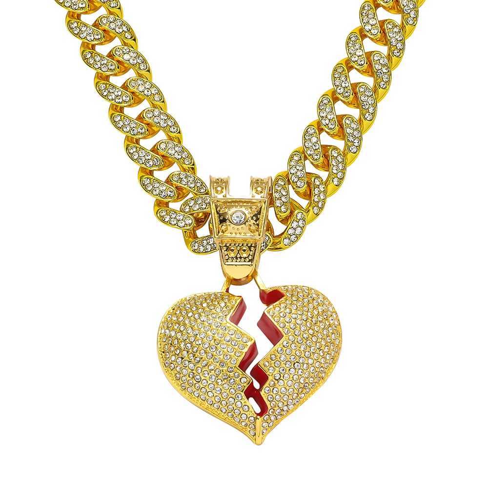 Mens Hip Hop Heart Pendant Necklace 13mm Miami Cuban Chain Hip Hop Ice Sparkling Heart Necklace Fashion Charm Jewelry Y250329