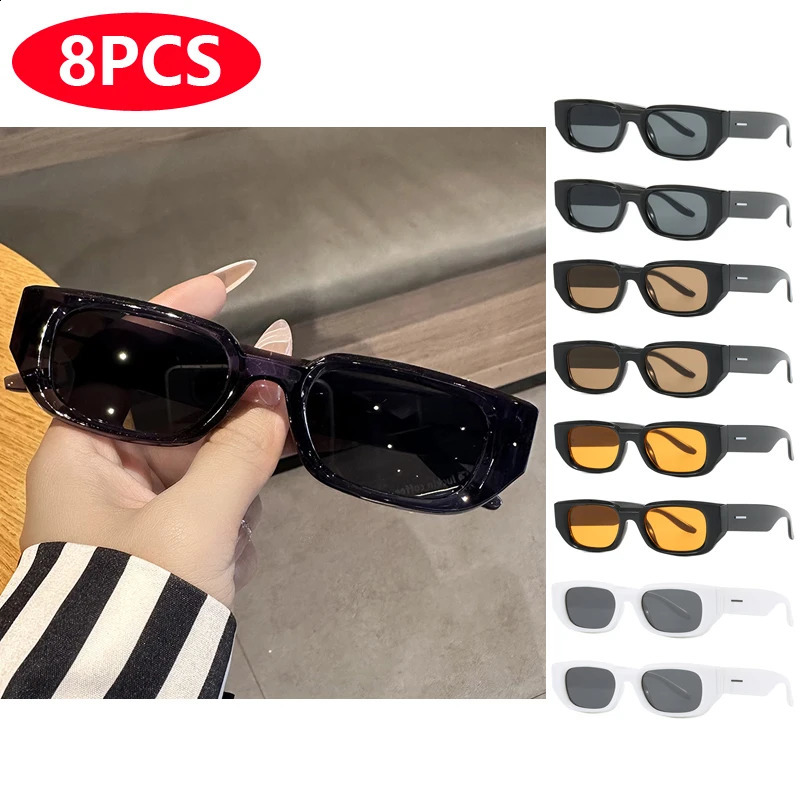 8-piece rectangular sunglasses set for womens fashion retro UV resistant sunglasses UV400 INS style neutral glasses 250328