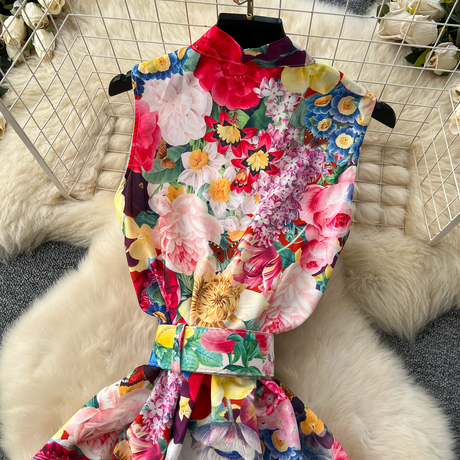 Casual Dresses Summer Fashion Gorgeous Flower Maxi Dress Female Sleeveless Bow Neck Bohemian Single Breasted Pearl Buttons Belt Chic Print Robe 2025