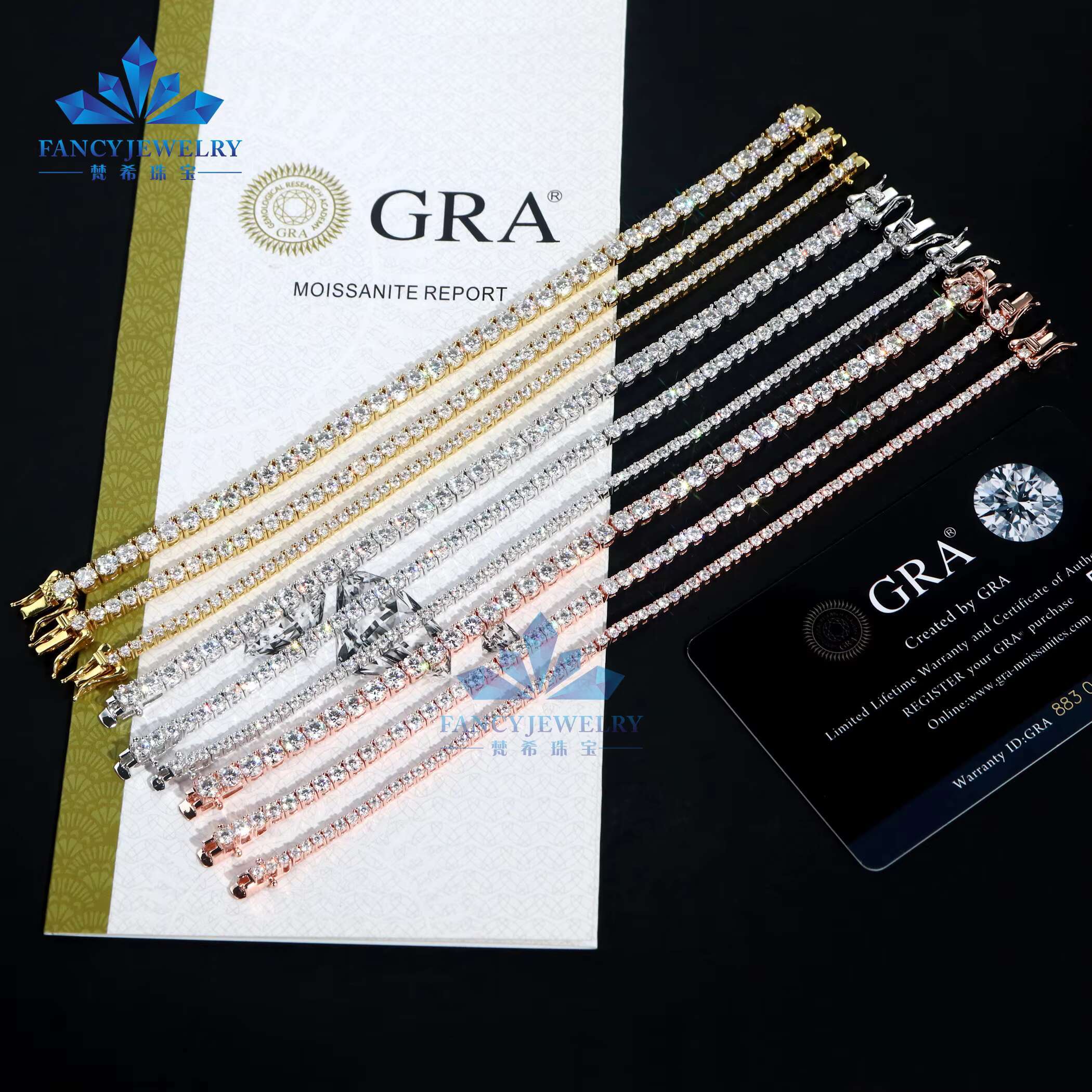 VVS Moissanite Tennis Chain 2mm 3mm 4mm 5mm 6.5mm 925 Sterling Silver White Gold Rose Gold Plated Style Bracelet Women Men