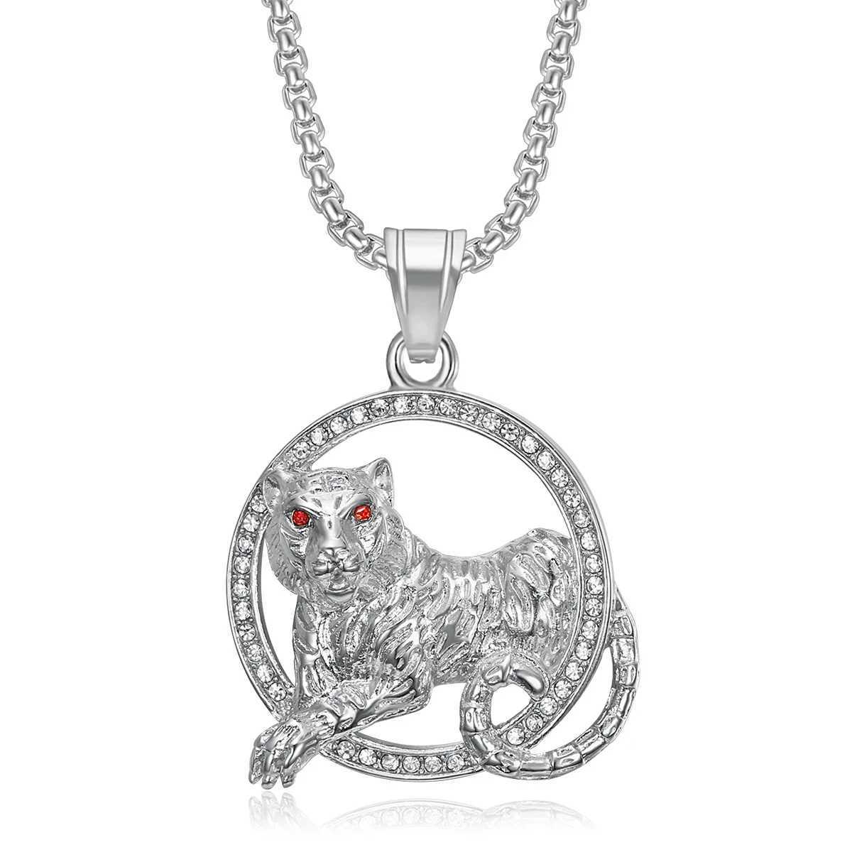 Hot Hip Hop Street Jewelry Stainless Steel Gilded Zircon Red Eyes Twelve Zodiac Tiger Pendant Necklace Mens Gift Accessories Y250329