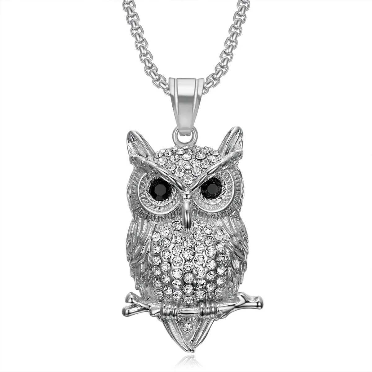 Fashion Stainl Steel Gold-plated Zircon Owl Pendant Necklace New HIPHOP Hip Hop Men Jewelry Gift AccoryC250329
