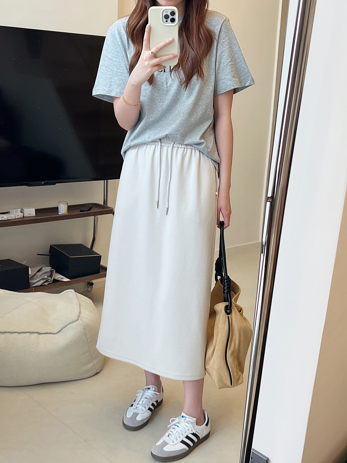 G18200 High quality skirt early spring loose slim drawstring elastic waist high waist hip straight sports sweater skirt