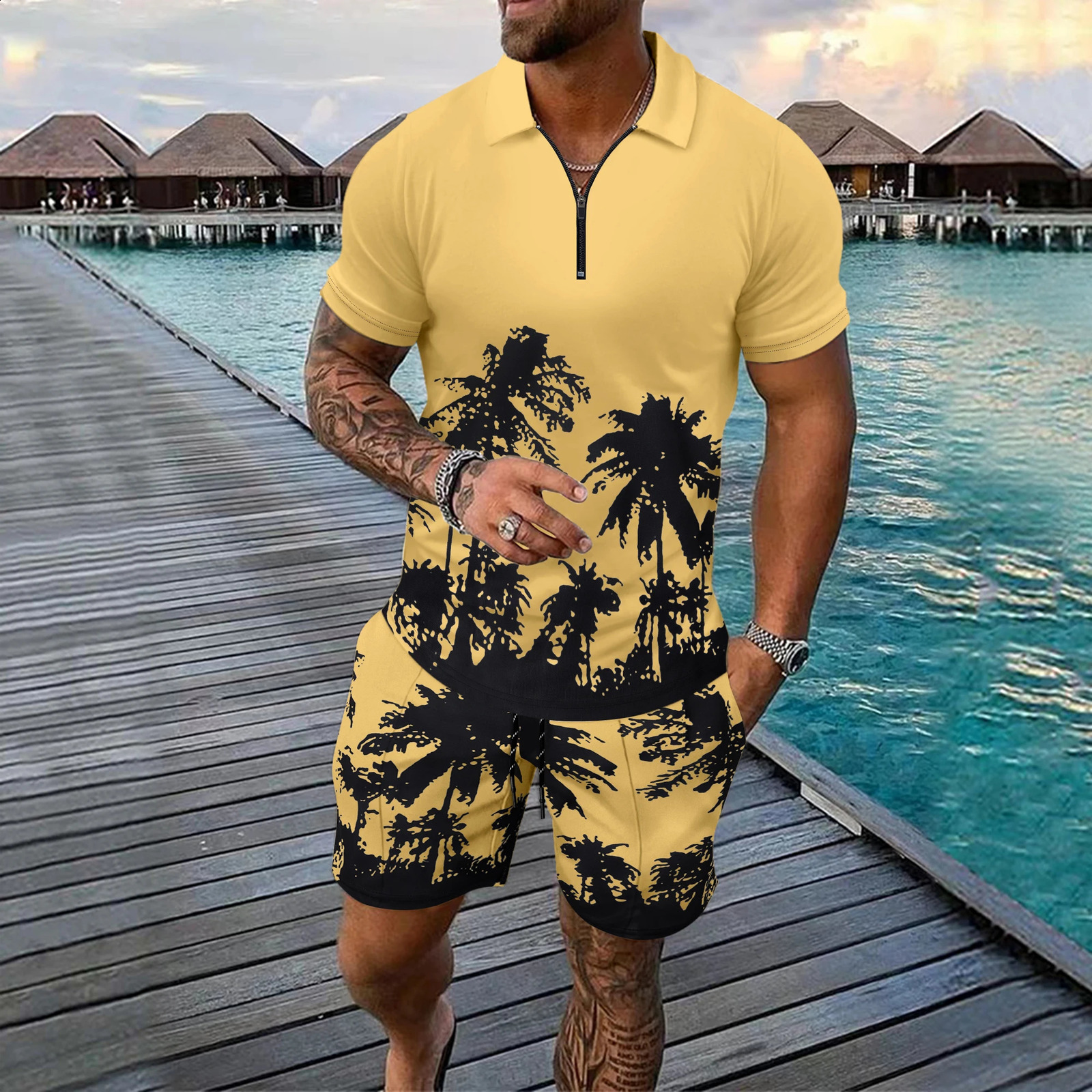 Hawaii 2piece 3D Coconut Tree Printed Zipper Polo Shirt Short Sleeves and Shorts Casual Fashion Mens 2PCS Sportswear y250324