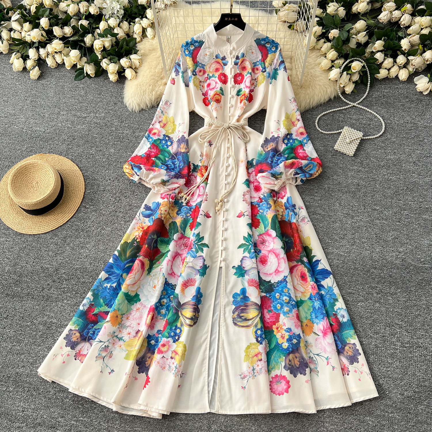 Casual Dresses Spring Summer Holiday Gorgeous Flower Maxi Dress Women's Stand Long Lantern Sleeve High Waist Floral Print Lace Up Long Vestido 20