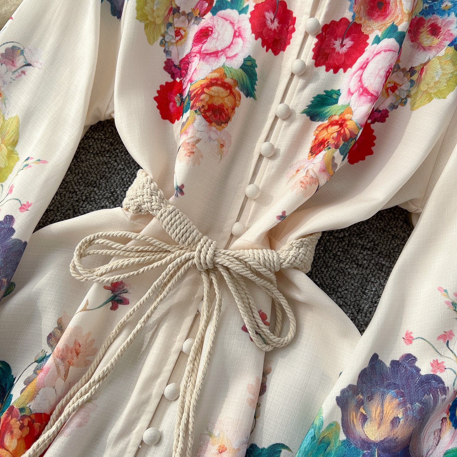 Casual Dresses Spring Summer Holiday Gorgeous Flower Maxi Dress Women's Stand Long Lantern Sleeve High Waist Floral Print Lace Up Long Vestido 20