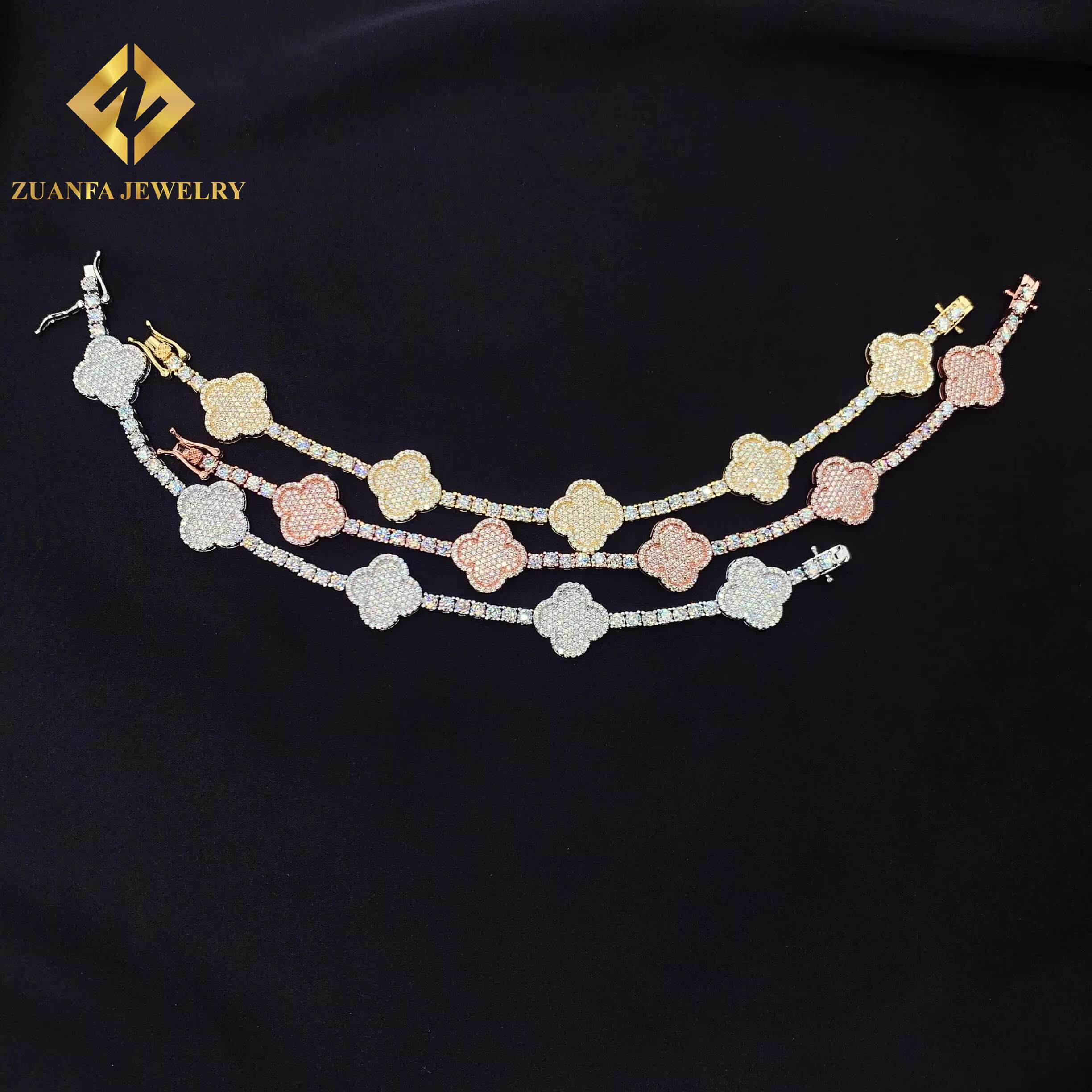 Trendy Tennis Bracelets 925 Sterling Silver Moissanite Diamond Jewelry Clover Design 4MM Tennis Chain Bracelet for Men Women