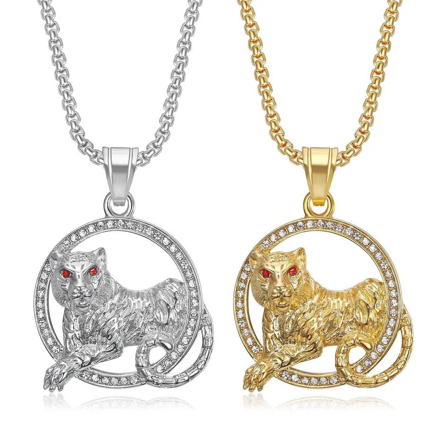 Hot Hip Hop Street Jewelry Stainless Steel Gilded Zircon Red Eyes Twelve Zodiac Tiger Pendant Necklace Mens Gift Accessories Y250329