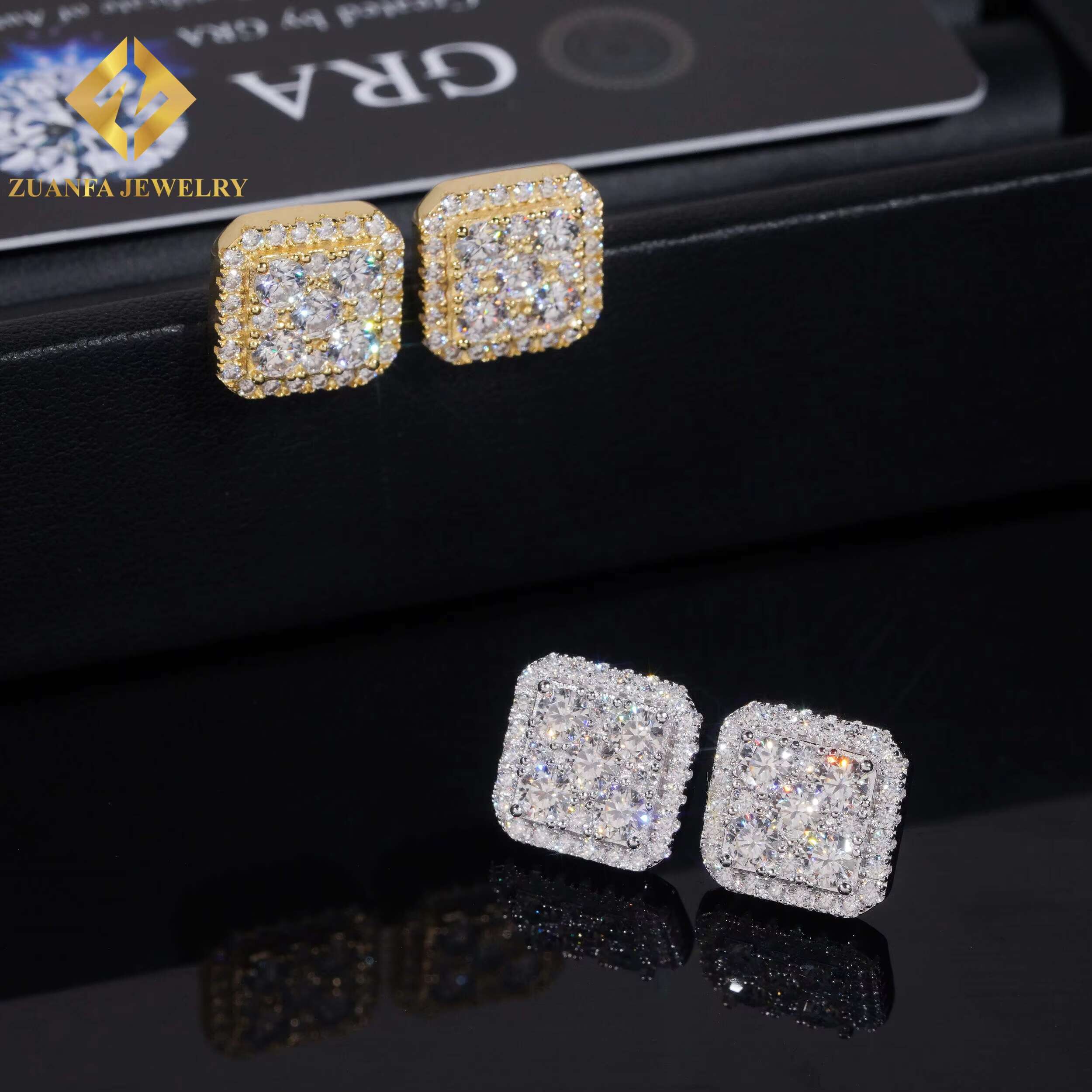 Big Luxury Iced Out Square Hip Hop Moissanite Diamond Mens Earring 925 Sterling Silver Earrings for Men