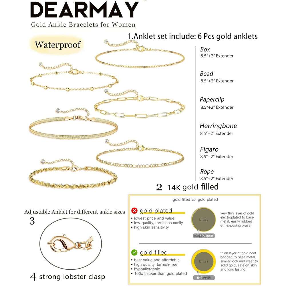 14K Plated Layered Cuban k Chain Waterproof - Dainty Ankle Bracelets for Women Non Tarnish Gold Jewelry Cute Anklets Set Pack Summer Beach Gift