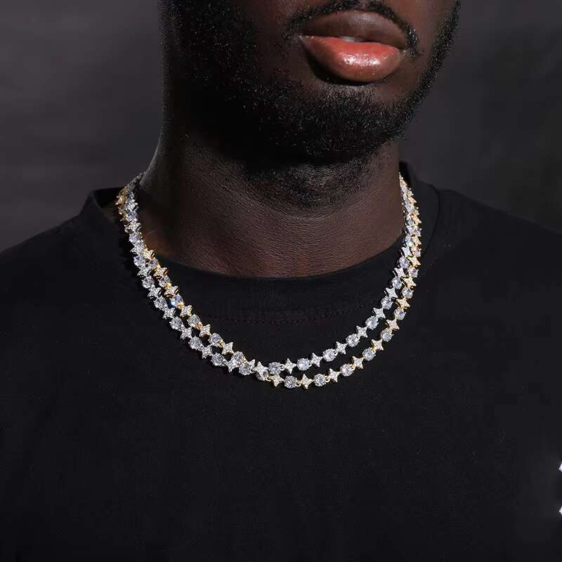 New Design Sparkling Mens Womens 6mm 925 Sterling Silver VVS Moissanite Diamond Iced Out Star Tennis Chain Necklace