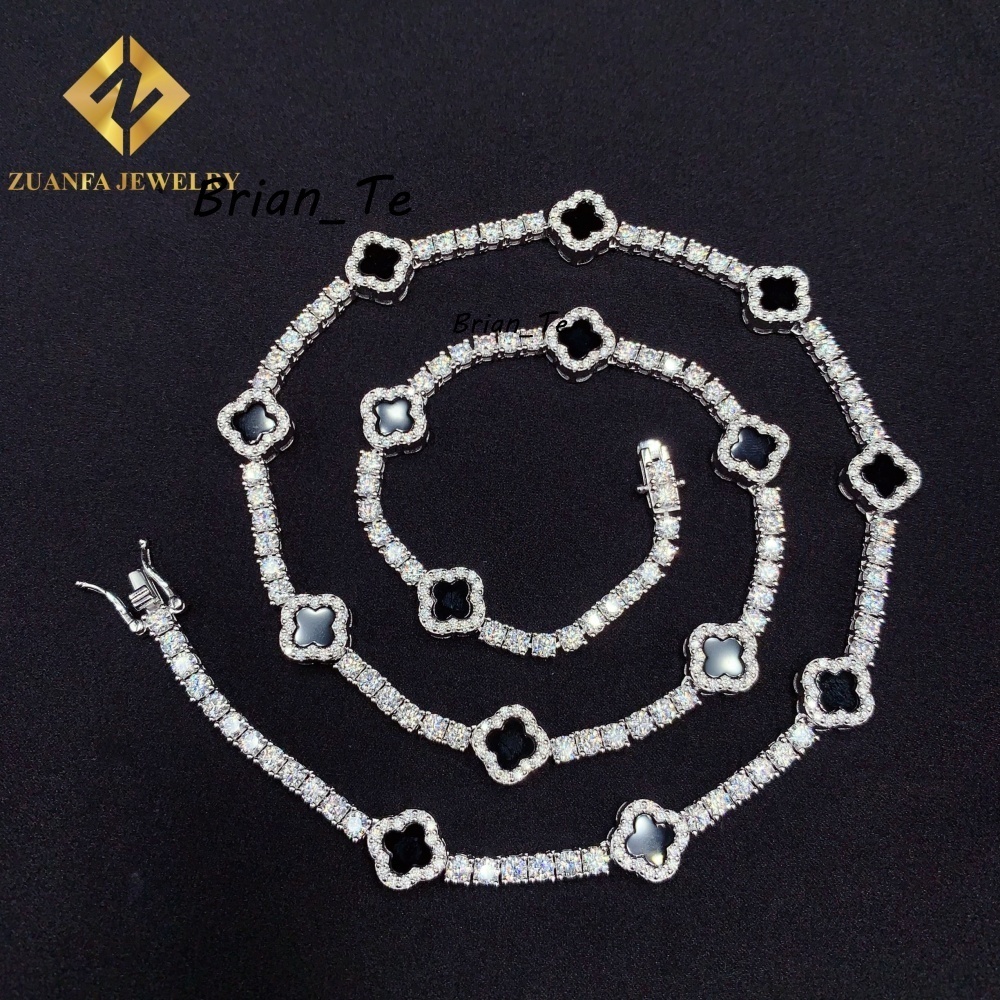 Popular Black Four-leaf Clover Necklace VVS Moissanite 925 Silver Tennis Necklace Link Chain Elegant Jewelry Unisex