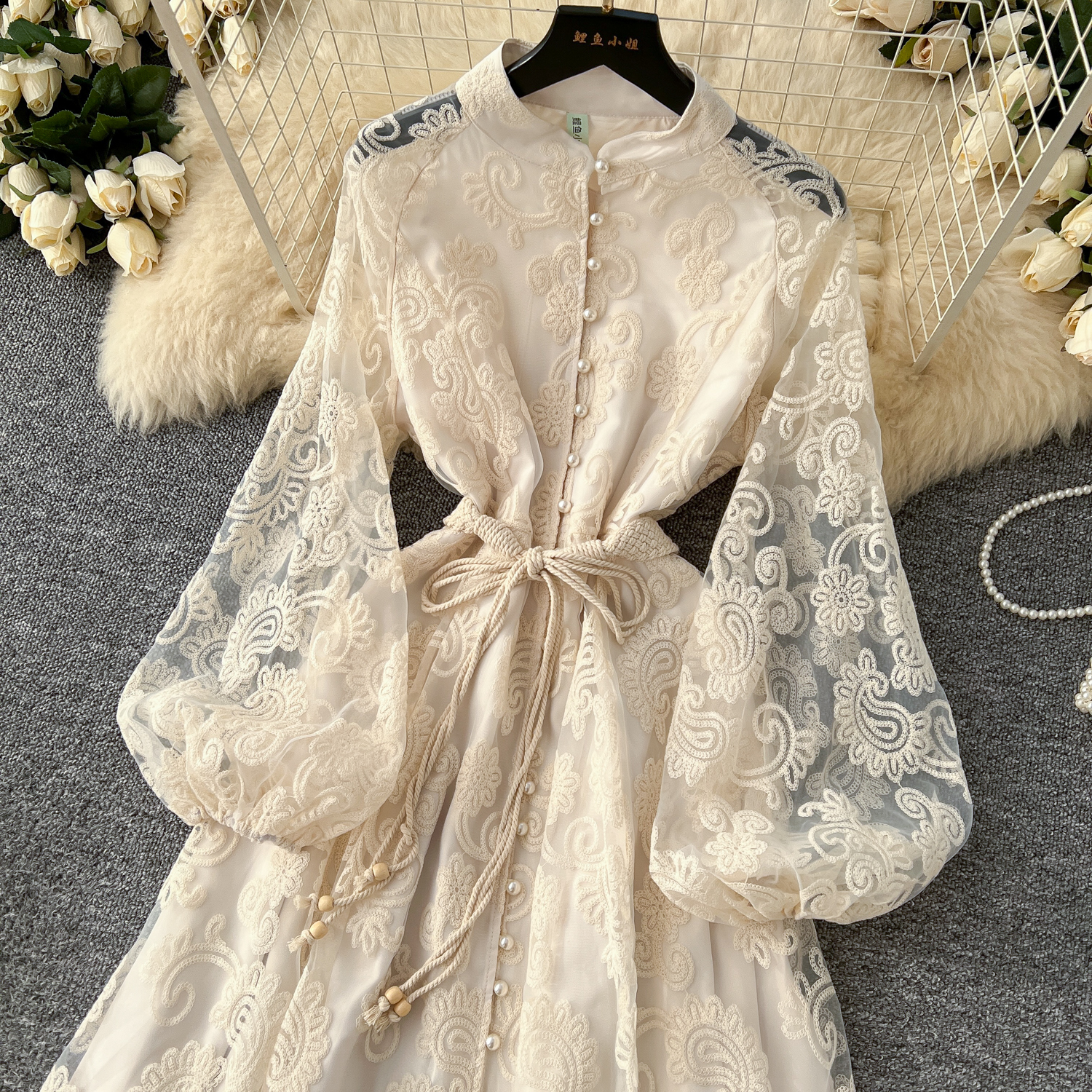 Runway Women Dresses Summer Runway Flower Lace Embroidered Dress French Women Stand Lanetern Sleeve Elegant Sashes Vintage Party Long Robe Vestidos 20