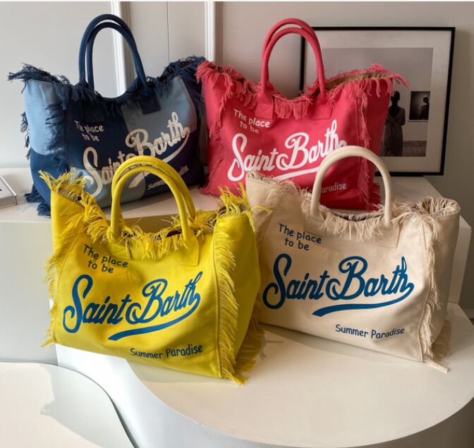 Evening Bags Spring Summer Leisure Holiday Fringe Yellow Striped Printed St. Barts Travel Bag Large Capacity Thick Canvas Tote Bag