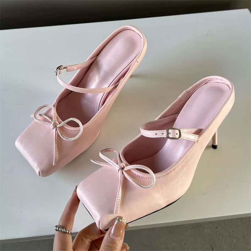 Eilyken Bowknot Square Toe Women Pumps Sexy Buckle Strap Thin High Heels Banquet Prom Mule Slippers Shoes 250328