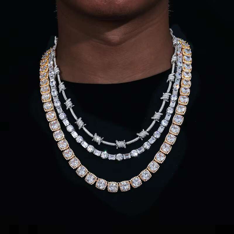 Hip Hop Jewelry Mens Pink Style 11mm Gold Plated Sterling Sier Cushion Cut VVS Moissanite Dia Tennis Chain Necklace