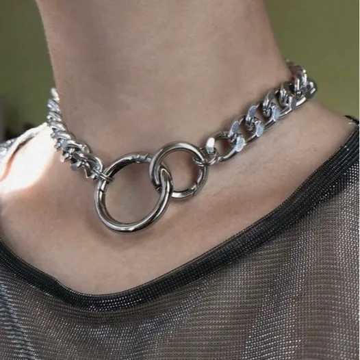 1 fashionable round geometric hollow punk personality silver heavy chain necklace for womens parties daily gift jewelry Y250329