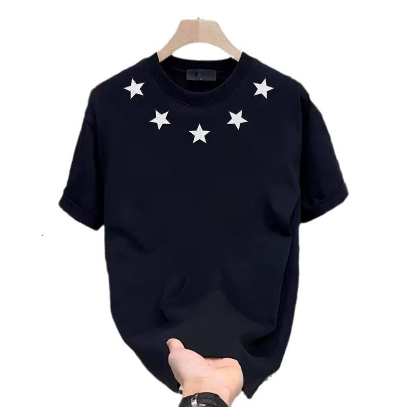 Summer fashion brand pentagonal star embroidered flower short plus size men's and women's clothing, couple half sleeved T-shirt, cotton