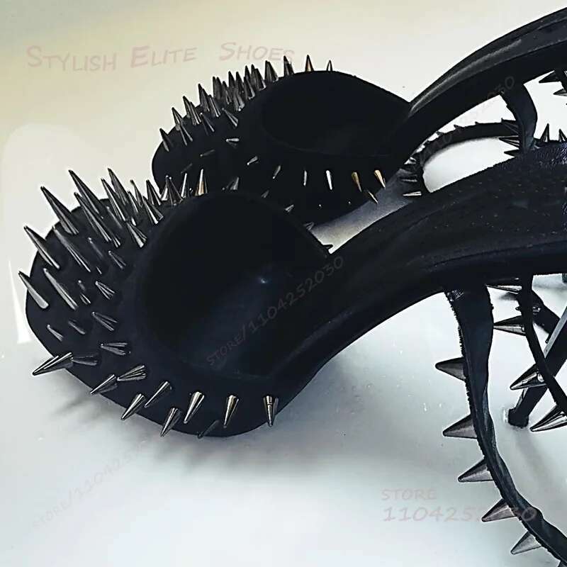 Round Toe Full Stiletto Strap Heel Black Women Rivet Ankle Wrap with Gold Stone Trim Cover Sandals Fringe Cool Girls Shoes