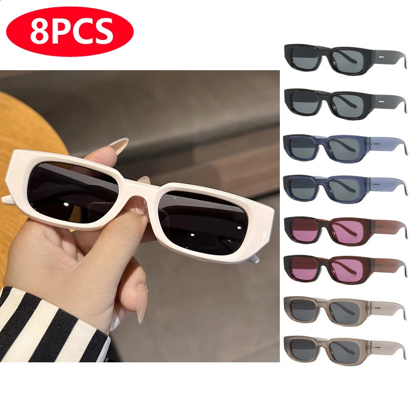 8-piece rectangular sunglasses set for womens fashion retro UV resistant sunglasses UV400 INS style neutral glasses 250328