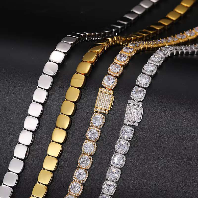 Hip Hop Jewelry Mens Pink Style 11mm Gold Plated Sterling Sier Cushion Cut VVS Moissanite Dia Tennis Chain Necklace