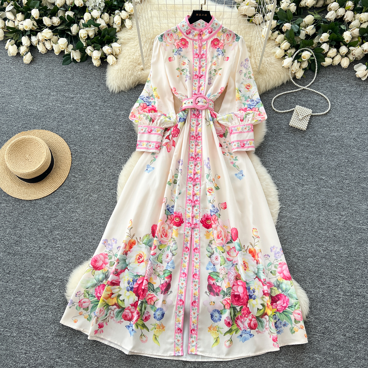 Basic Casual Dresses 2025 Spring Fashion Gorgeous Long Dress Women Clothing Stand Long Lantern Sleeve Floral Print Single Breasted Belt Maxi Vestidos