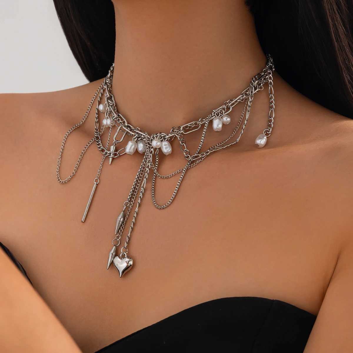 Ingemark Multi layer Tassel Love Heart Pendant Necklace Female Trend Punk Silver Metal Chain Party Jewelry Gift Y250329