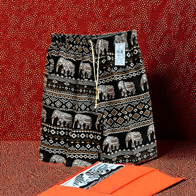 New Style Free Delivery Designer Bag Printed beach pants for men, casual 5-point long ethnic style, elephant color, drifting cotton and linen shorts, 