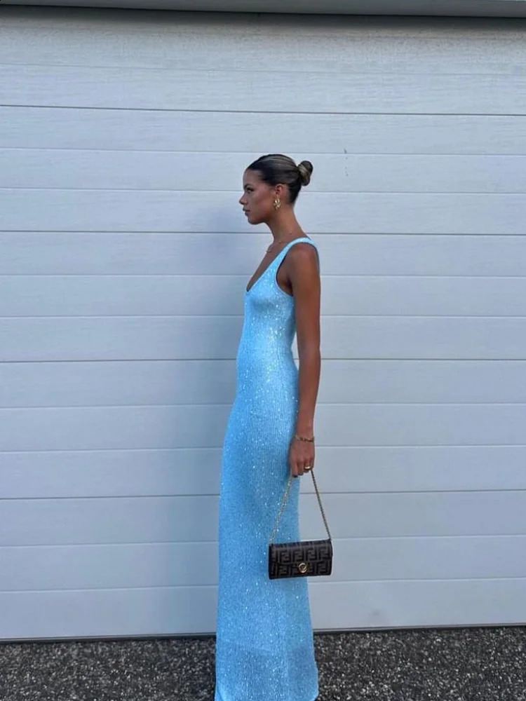 Sexy Blue Shiny Sequin Slim Fit Women Sling Long Dress Fashion Sleeveless Backless U Neck Robe 2025 Summer Lady Beach Wear 250409