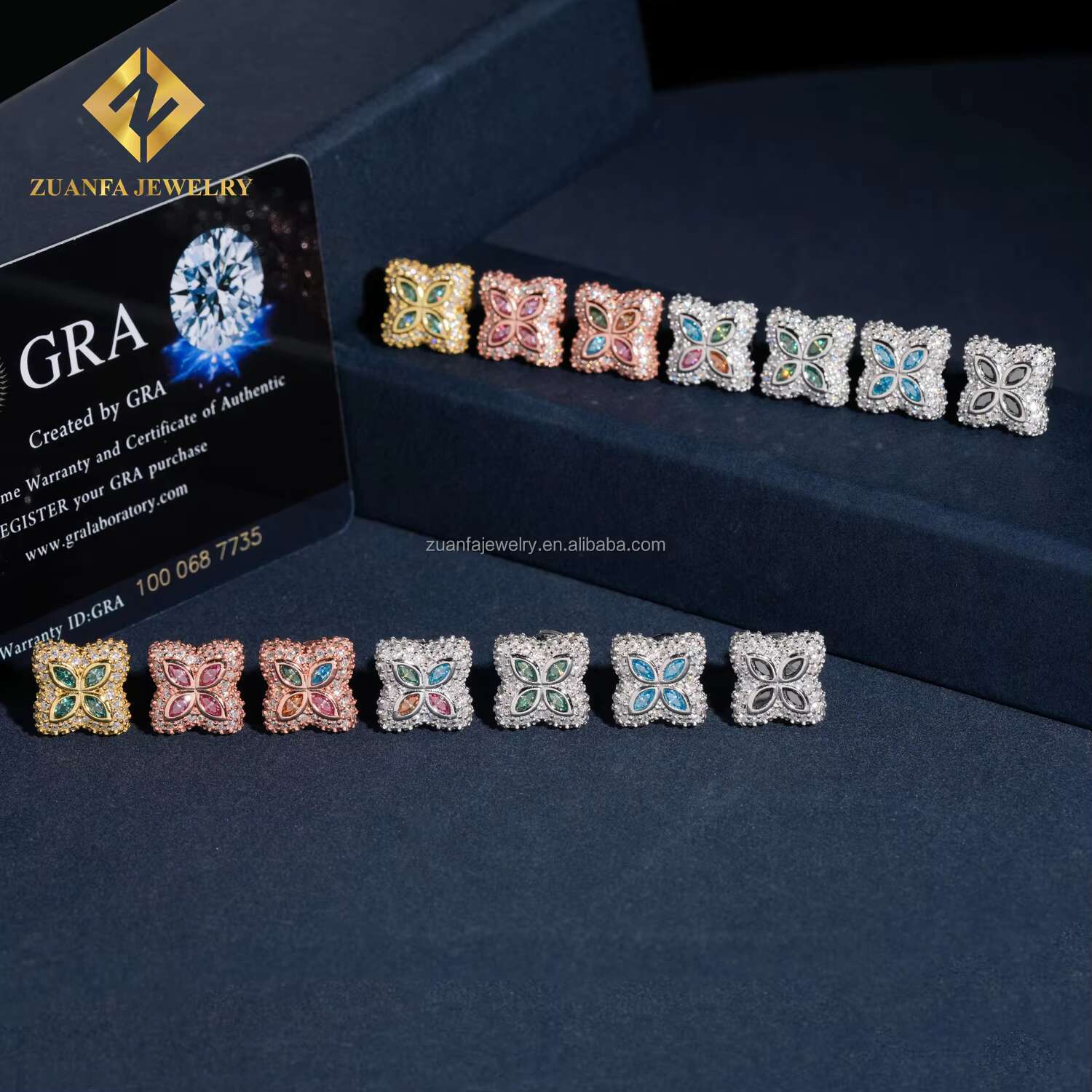 New Arrivals Flower Design Jewelry 925 Sterling Silver Colorful Moissanite Diamond Stud Earring Hip Hop Iced Out Earring