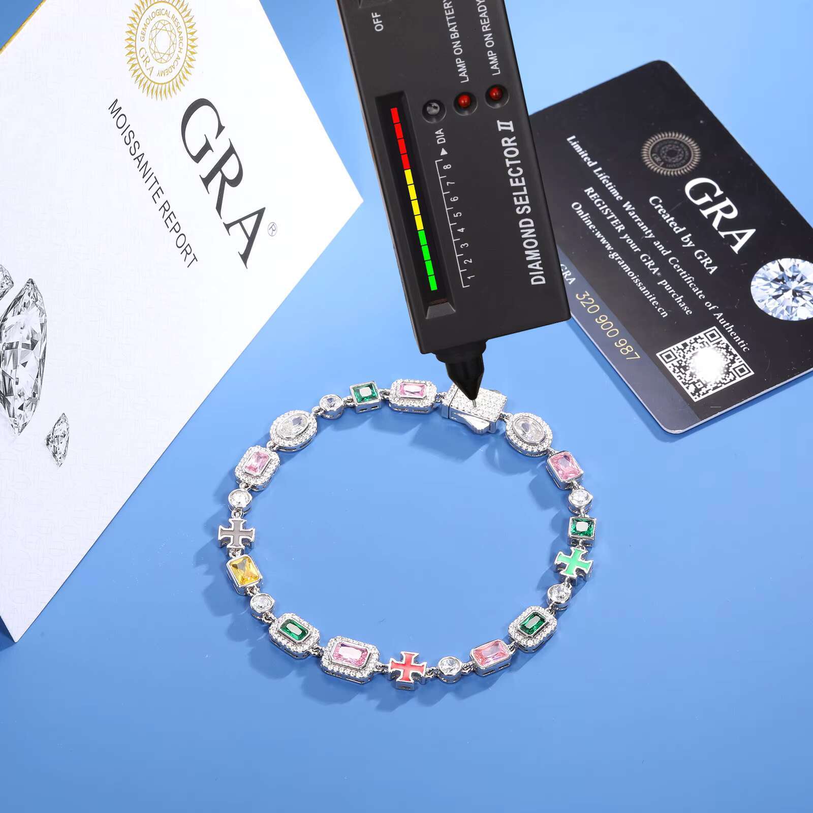 Minimal Party Jewelry White Gold 7mm 925 Sterling Silver VVS Moissanite Colored Gemstone Cluster Enamel Cross Tennis Bracelet