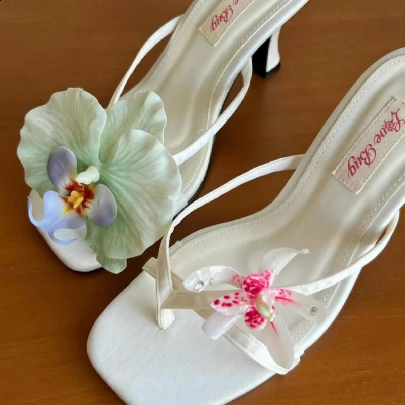 Sweet Flower Women Sandal Green Handmade Asymmetrical Satin Leather Stiletto Half-slip High Heels Summer Flip Flops 250328