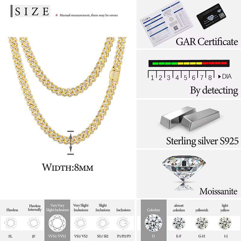 Low Price 8mm 1 Row VVS Moissanite Iced Out Cuban Link Chain Hiphop Jewelry Sterling Sier Lab Dia Necklace Men Women
