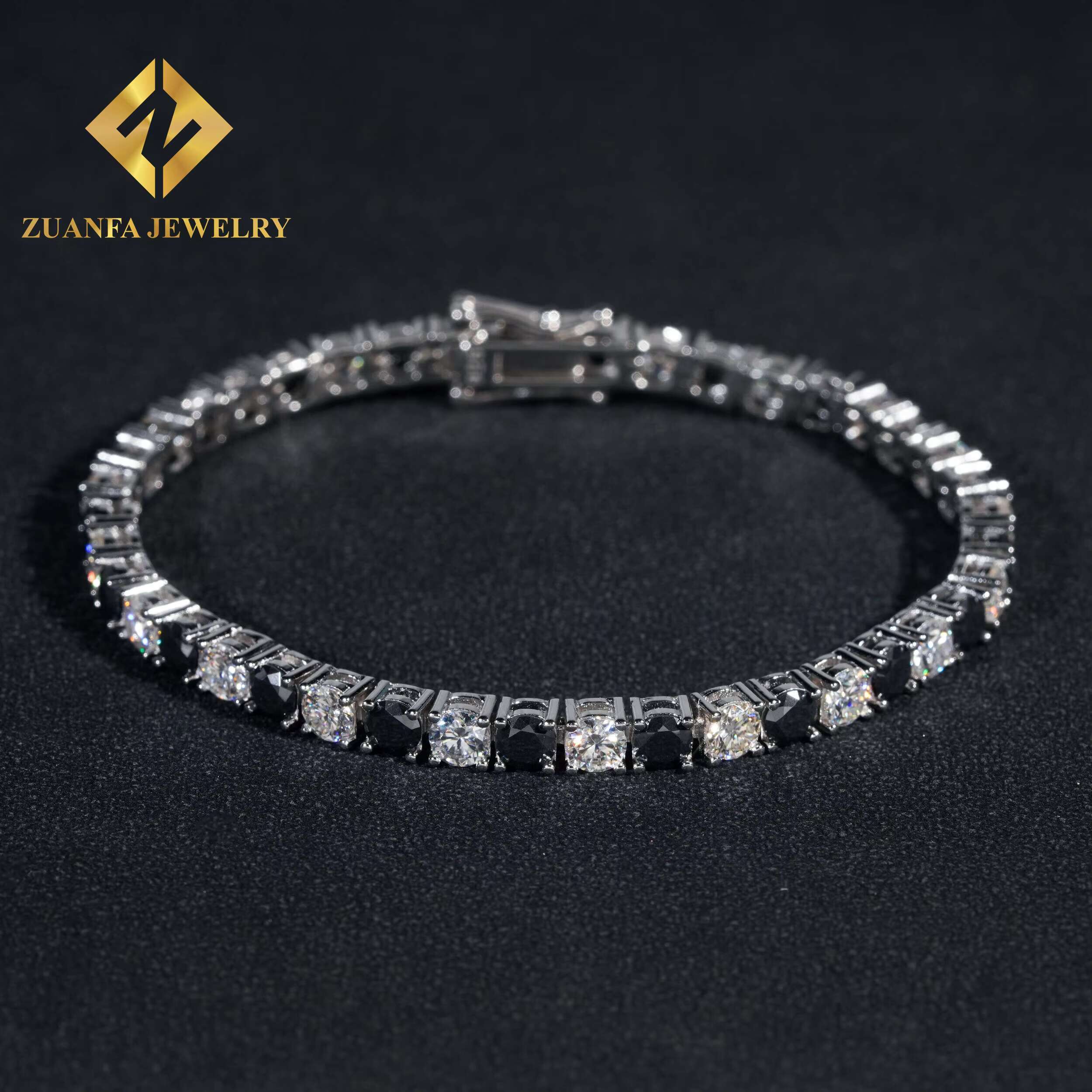 Hip Hop 925 Sterling Silver 4MM Moissante Tennis Chains 4MM Black and White Lab Diamond Tennis Necklace Bracelet for Men Women