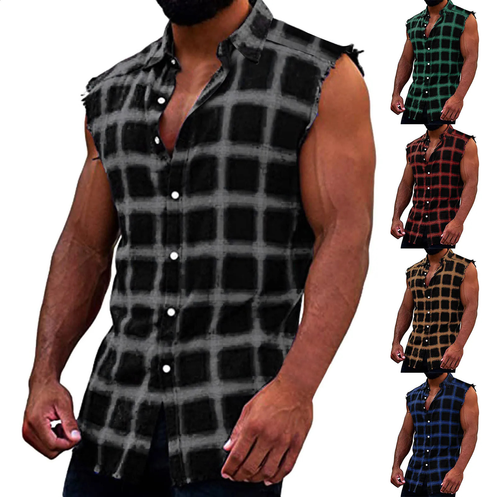 Mens sleeveless flannel vest casual loose button denim flat top up shirt plus size Camiseta Masculina Playeras 250322Z