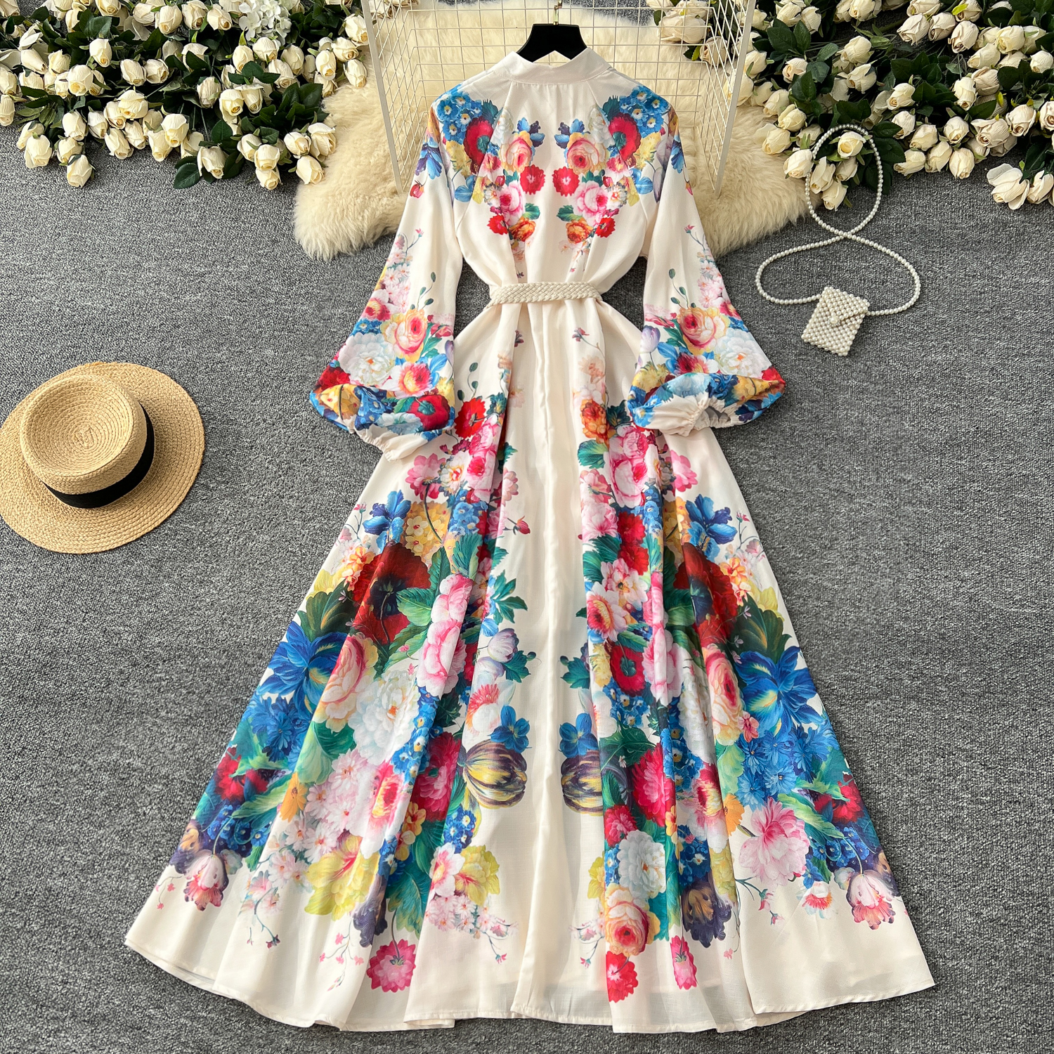 Casual Dresses Spring Summer Holiday Gorgeous Flower Maxi Dress Women's Stand Long Lantern Sleeve High Waist Floral Print Lace Up Long Vestido 20