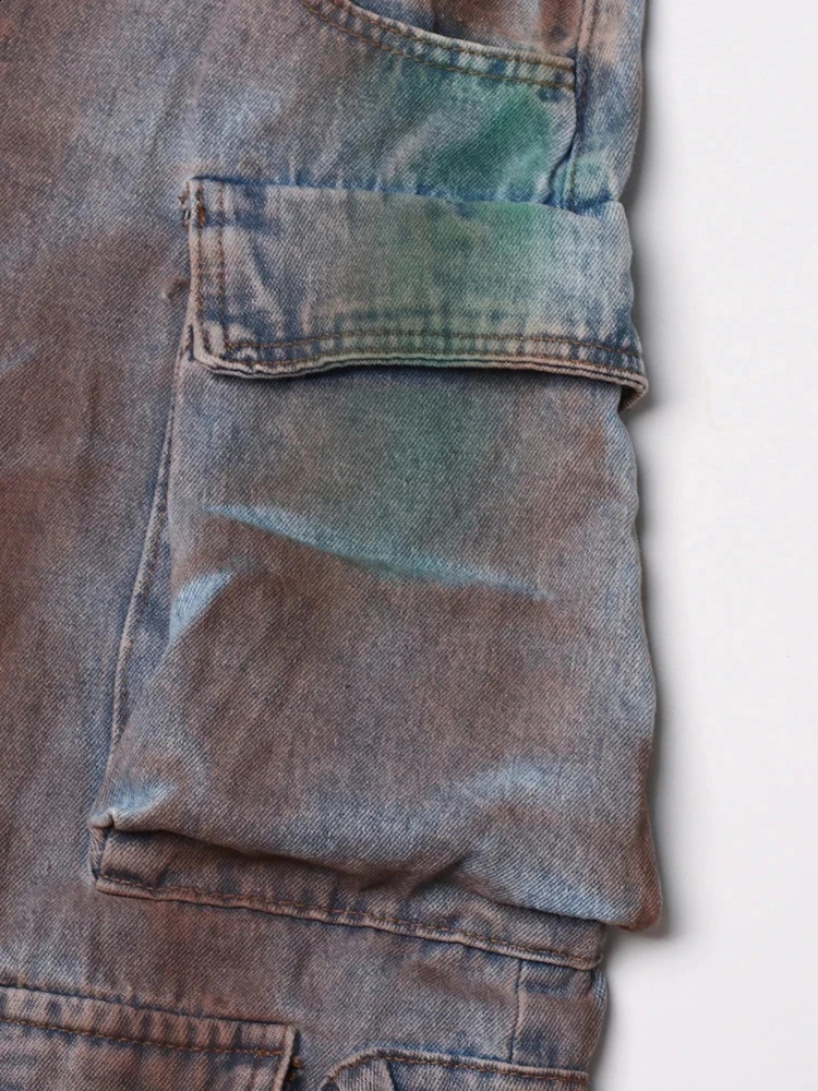 Colorful lock retro splicing pocket cargo pants suitable for women waist splicing button streetwear wide leg pants 250328