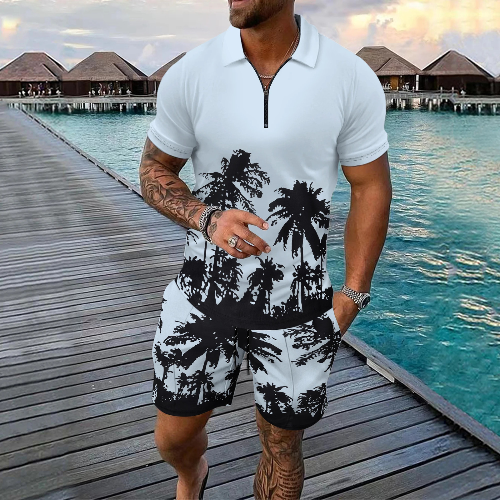 Hawaii 2piece 3D Coconut Tree Printed Zipper Polo Shirt Short Sleeves and Shorts Casual Fashion Mens 2PCS Sportswear y250324