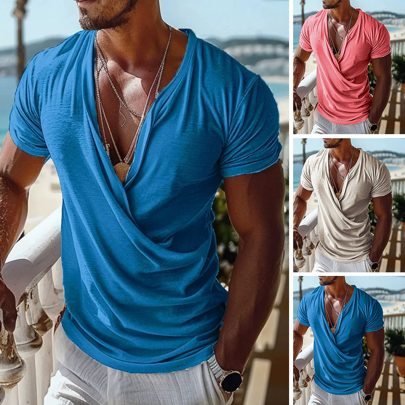 2025 Summer Men's T-shirt Daily Casual Loose Solid Color V-neck Short Sleeve Top for Men