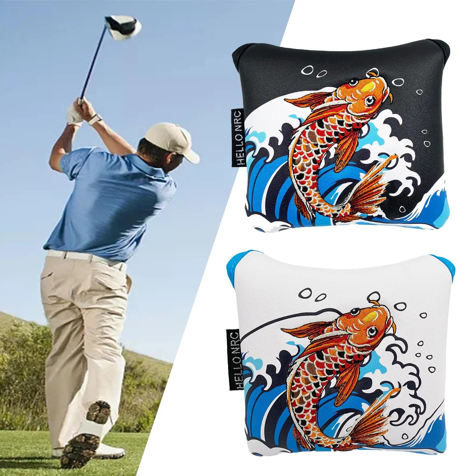 Golf Mallet Push Rod Cover Embroidered Koi Fashionable Golf Accessories Plush Lining Portable Golf Gift Dad Golf Club Head Cover 250328