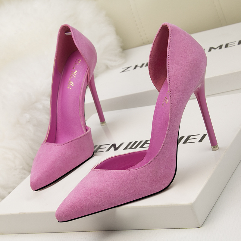 Korean version of fashionable simple thin-heeled high-heeled suede slim-fit shallow-mouthed pointed-toe sexy hollowed-out women's single shoes