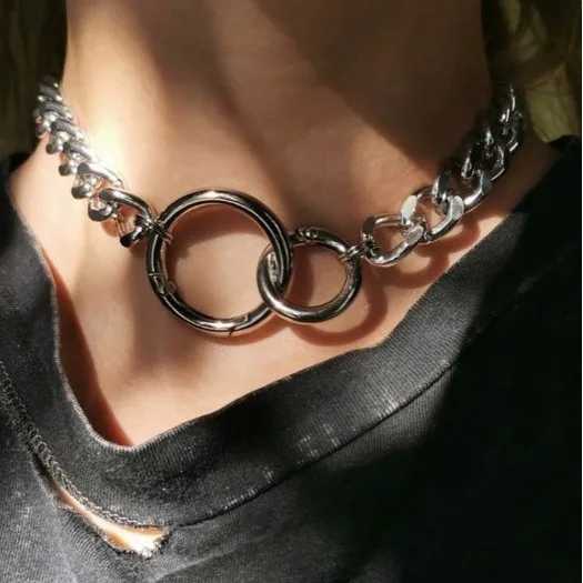 1 fashionable round geometric hollow punk personality silver heavy chain necklace for womens parties daily gift jewelry Y250329