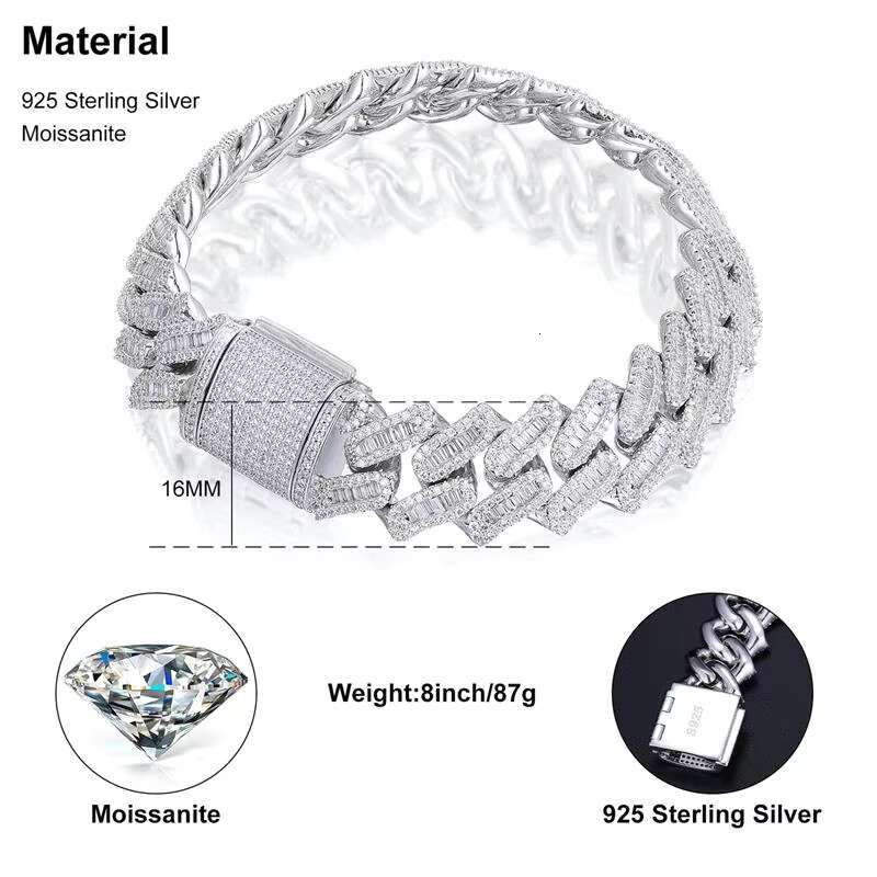 Homme Iced Out Rappers Jewelry Hiphop Men 16mm Sterling Sier VVS Baguette Moissanite Dia Miami Cuban Link Bracelet