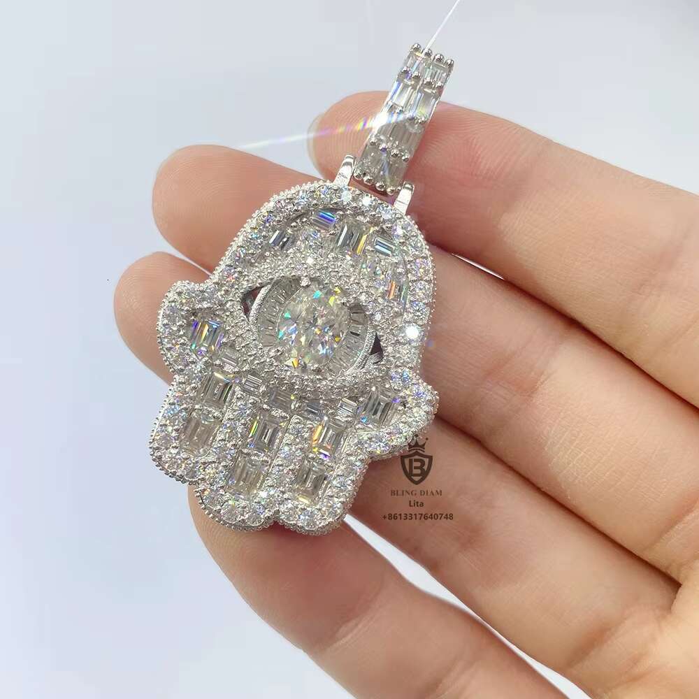 Fashion New Design Oval Eye Hamsa Hand Pendant Necklace Wholesale Custom Fancy Shape Vvs Moissanite Pendant