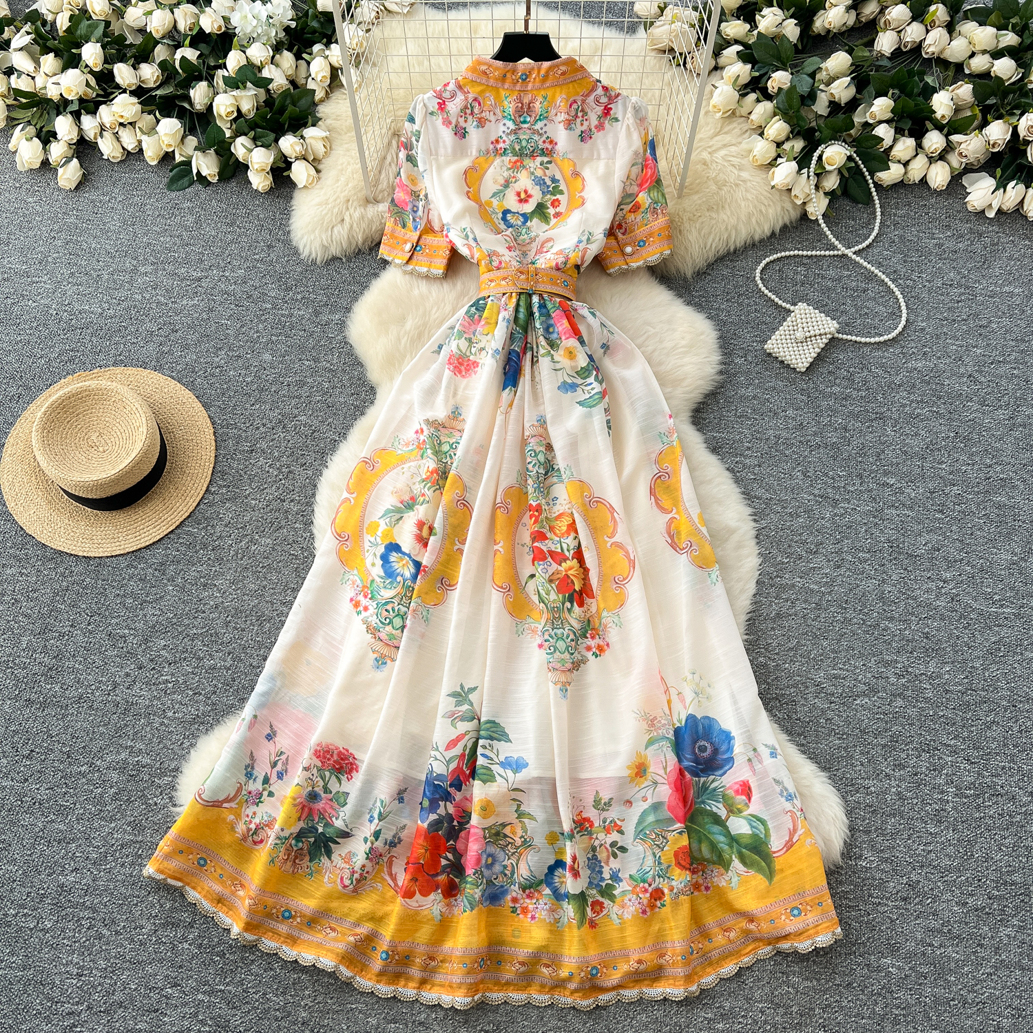 Spring Casual Dresses Summer Runway Lace Splicing Maxi Dress Womens Notched Short Sleeve Single Breasted Floral Print Belt Long Boho Party Vestidos 20