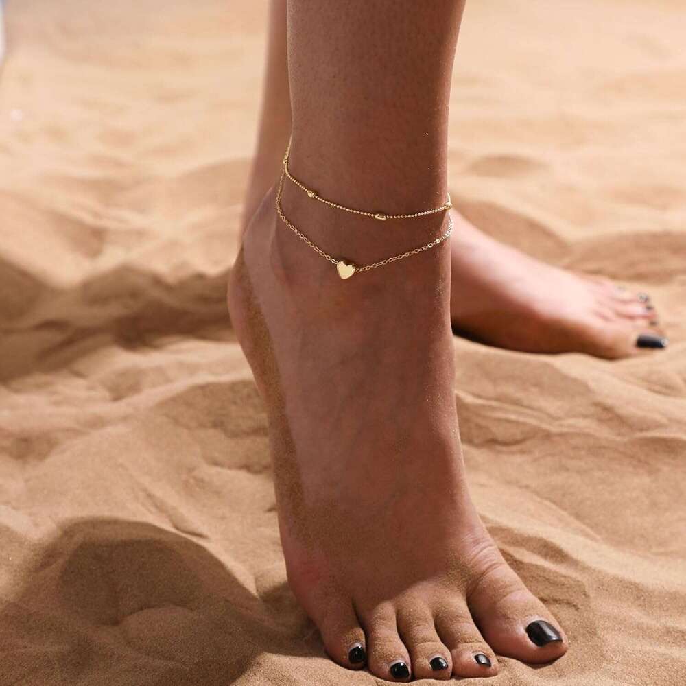 Women,14K Real Gold Plated Large Ankle Bracelets Waterproof Simple Dot Cute Heart Dainty Evil Eye Anklets Non Tarnish Summer Beach Jewelry Gift for Wo