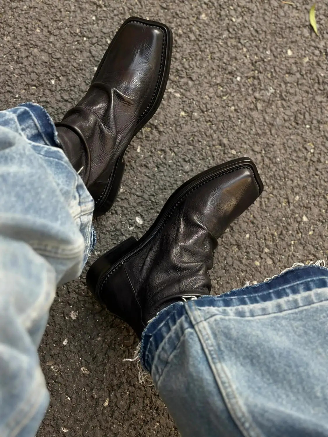Zipper explosion helps square head trendy mens leather casual British style platform Chelsea boots 250326