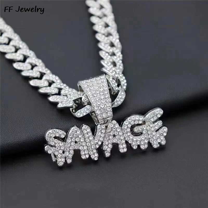 Womens Hip Hop Savage Letter Pendant Necklace with 13mm Cuban Chain Ice Sparkling Hip Hop Necklace Fashionable Charm Jewelry Y250329