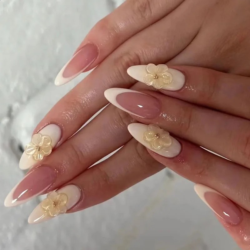 24Pcs Sweet Cool Almond Nail Set Press on Acrylic Nails 3D Floral Butterfly Fake Nail Full Cover French Tip Artificial Nails Art 250328
