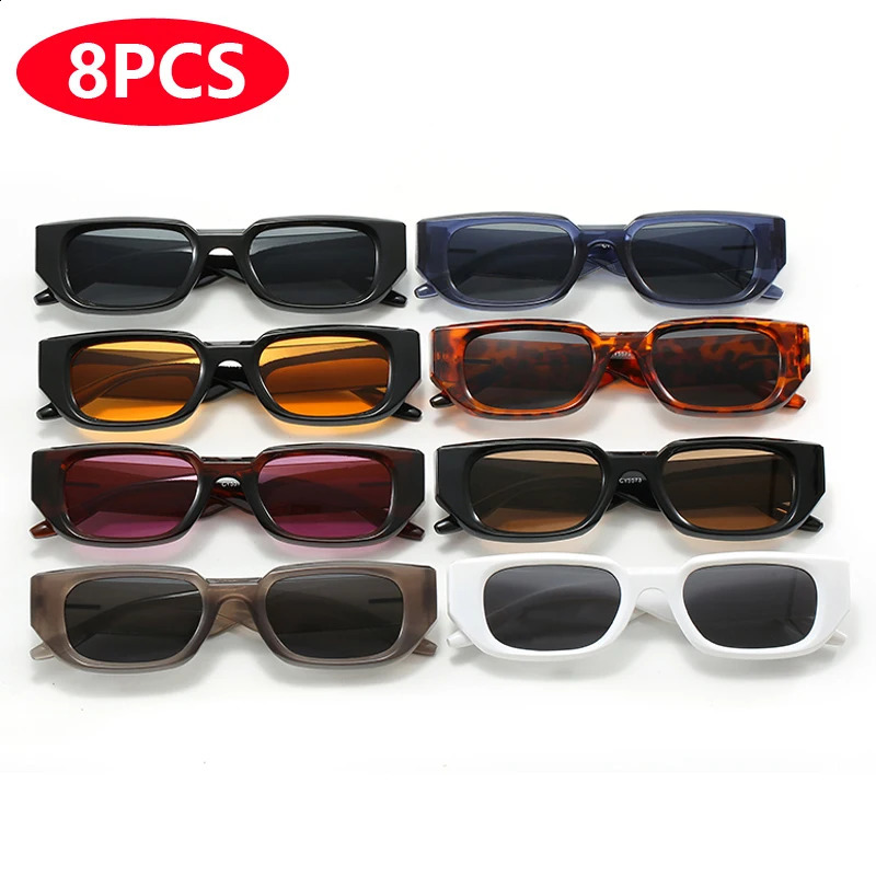 8-piece rectangular sunglasses set for womens fashion retro UV resistant sunglasses UV400 INS style neutral glasses 250328